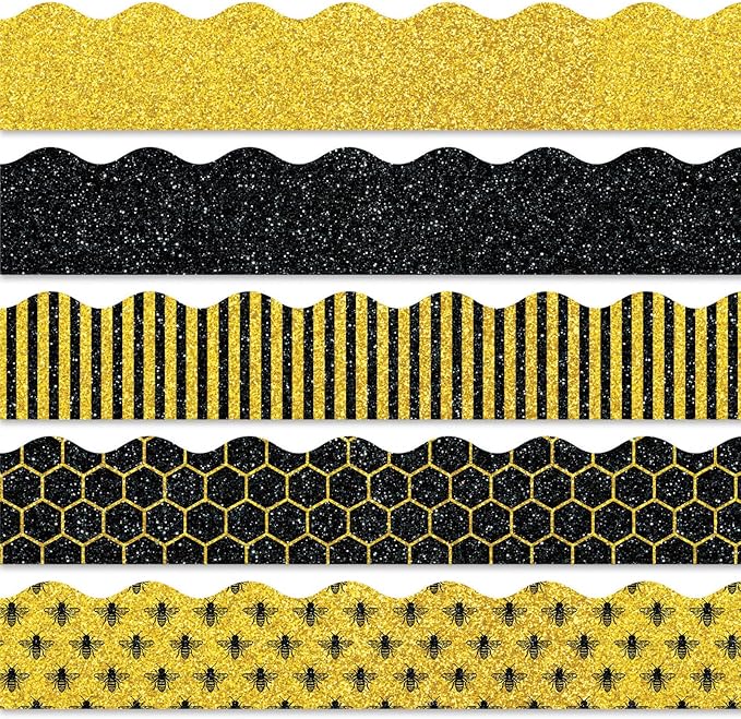 Whaline 69Ft Summer Glitter Bulletin Board Borders 5 Designs Yellow Black Bee Theme Decoration Trim Bee Bulletin Board Stickers for School Classroom Office Bee Party Decoration