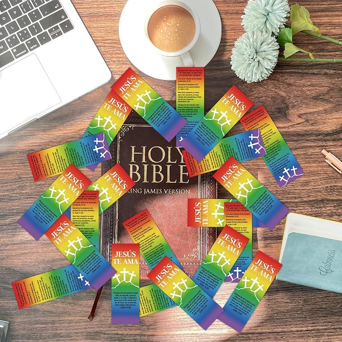 120Pcs Spanish Bible Bookmarks Religious Valentines Christian Books of Bible Bible Verse Prayer Scripture Jesus Loves You Bookmarks Gospel Tracts for Sunday School Office (Jesus TE AMA, 120)