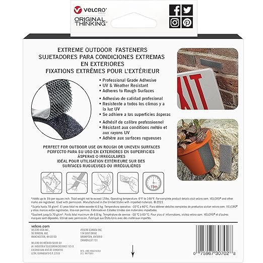 VELCRO Brand Extreme Outdoor Mounting Tape, 20Ft x 1 in,Holds 15 lbs, Strong Heavy Duty Stick on Adhesive, Mount on Brick,Concrete for Hanging,30702,(Pack of 12)