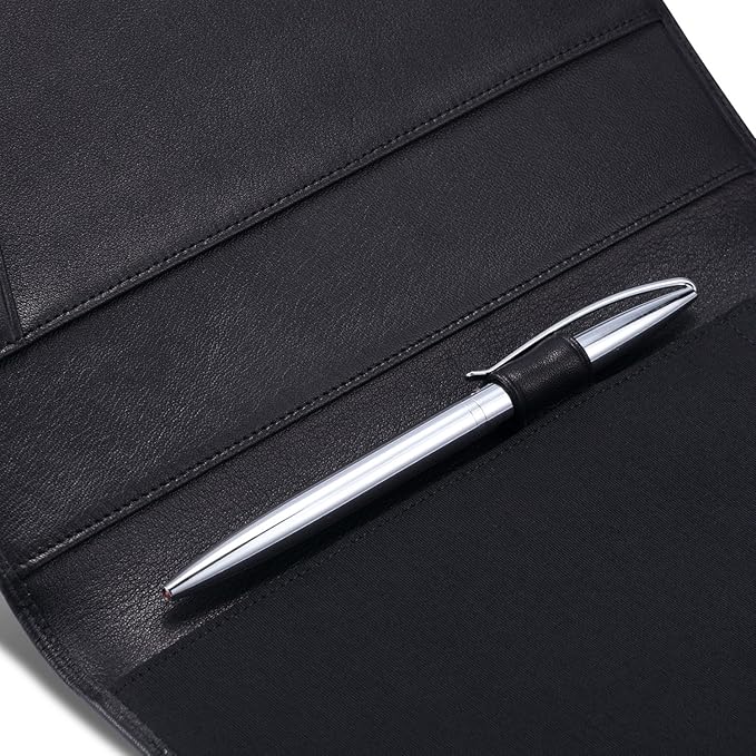 Leather 5"x 8" Junior Padfolio for Men & Women with Pen Loop, Italian Calfskin, Business Portfolio Notebook Folder (Classic Black)