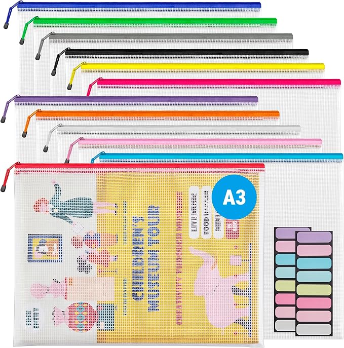 JARLINK A3 (16.5x12.6 in, 12 Pcs) Mesh Zipper Pouch, 12 Colors Extra Large Zipper Bags, Waterproof File Pouches for Office Supplies, Puzzles, Board Game, School, Travel Accessories & Craft Projects