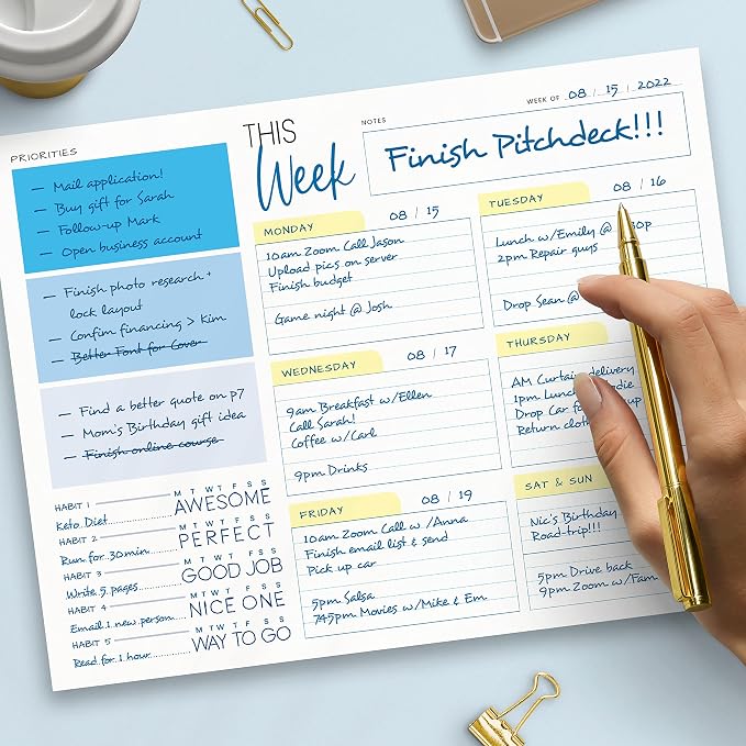 Weekly Planner Pad - Undated Planner - To Do List Notepad - Habit Tracker - 11 x 8.5" - 52 Tear-Off Sheets - Daily Planner Undated for Home Work Office Business - Goal Planner - Cute Planner (Blue)