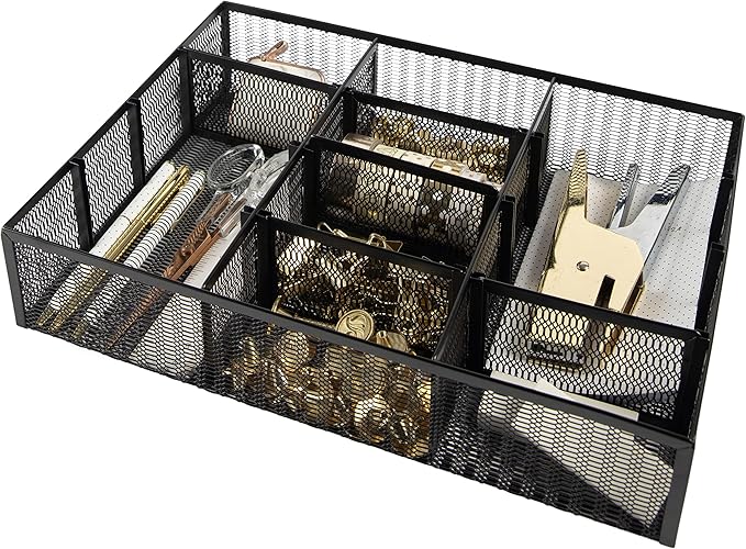 BLU MONACO | Black Metal Mesh Desk Drawer Organizer Tray | 12 Adjustable Compartments & 9 Removable Dividers | Space-Saving Office Supplies Organizer for Drawers, Vanity, Kitchen & Workspace Storage