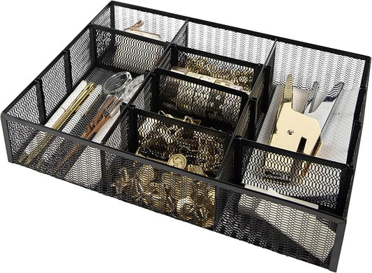 BLU MONACO | Black Metal Mesh Desk Drawer Organizer Tray | 12 Adjustable Compartments & 9 Removable Dividers | Space-Saving Office Supplies Organizer for Drawers, Vanity, Kitchen & Workspace Storage