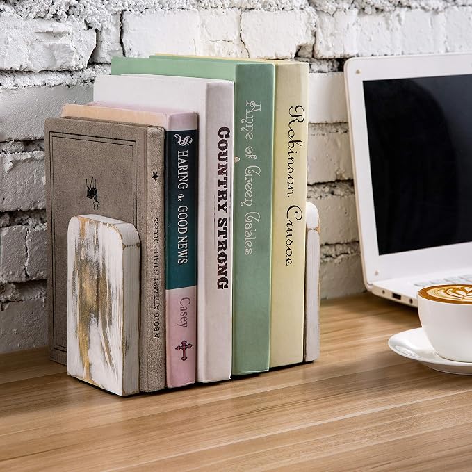 MyGift Farmhouse Book Ends for Shelves, Vintage Decorative Bookends, Bookends Display Organizer, Book Holder Stopper, Office Desk Decor, Whitewashed