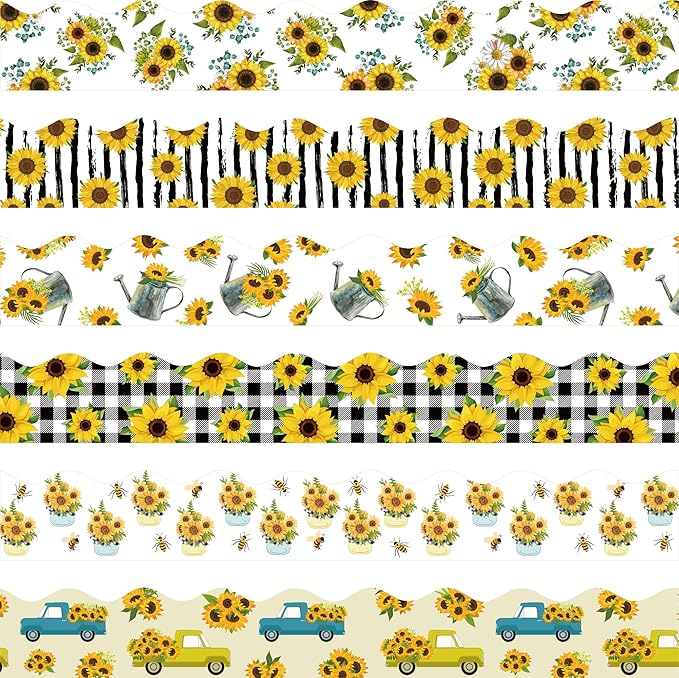 75Ft Sunflower Bulletin Board Border Decoration Sets, Summer Back to School Classroom Decor Floral Scalloped Trim Bulletin Border Sunflower Decor for Classroom Home Office Chalkboard Wall Door Window