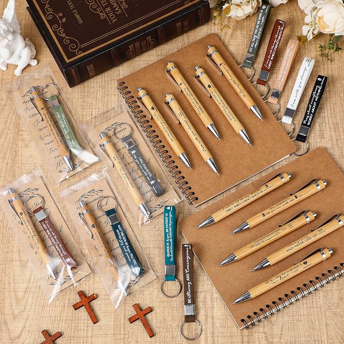 Gueevin 30 Sets Christian Party Favors Gift Bulk Church Father's Day Sunday School Teacher Graduation Bible Verse Bamboo Pen Prayer Religious Bookmarks Scripture Silicone Keychain (Inspirational)