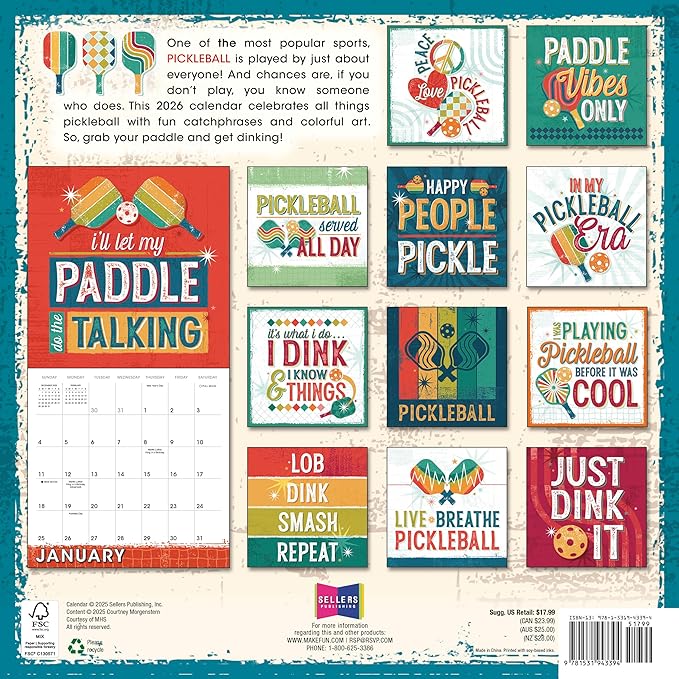 Pickleball 2026 Wall Calendar, 12-Month Sports Calendar for Pickleball Fans, 12" x 12", Monthly Calendar 2026 Planner with Large Grids for Office or Home