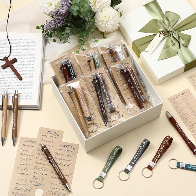 Gueevin 20 Sets Father's Day Christian Church Gift Bulk Bible Verse Bamboo Pens Religious Bookmarks and Scripture Silicone Keychains, Father's Day Thank You Gifts for Men