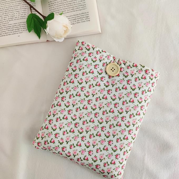 Floral Book Sleeve - Elegant Book Cover with Wooden Button, Cotton Padded Protector for Paperbacks & Hardcovers, Ideal for Book Lovers, Durable Design (White & Roses, Large)