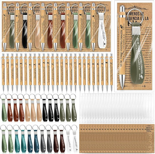 Feifeiya 25 Sets Father's Day Christian Gift Bulk Bible Verse Bamboo Pen Religious Silicone Keychain Scripture Bookmark Emergency Numbers Church Gift for Coworker Women Men(Classic Color,Spanish)