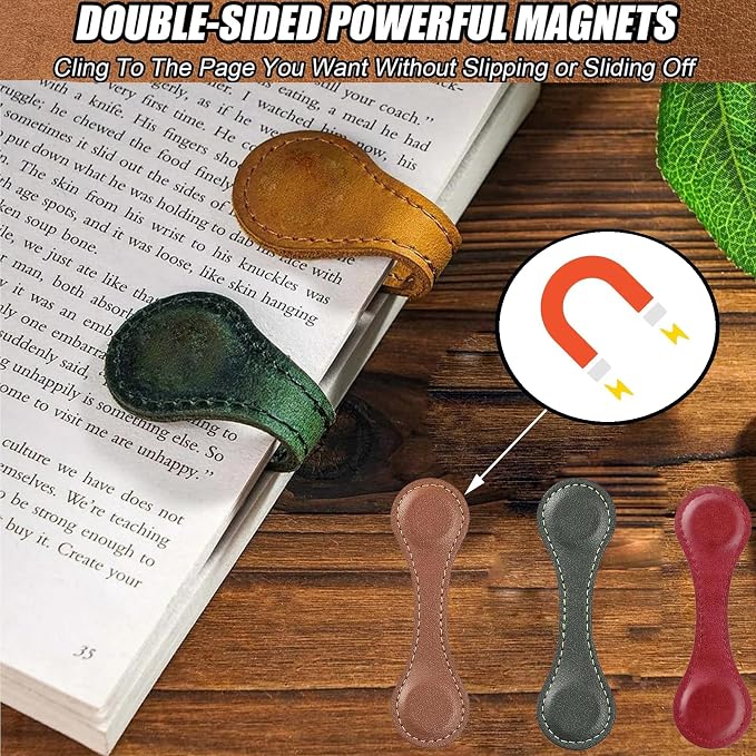 Magnetic Leather Bookmarks Set with Transparent Book Holder,Double Sided Strong Magnetic Page Markers,Hands Free Reading Book Clips for Book Lovers Students Teachers Sheet Music Class Notes