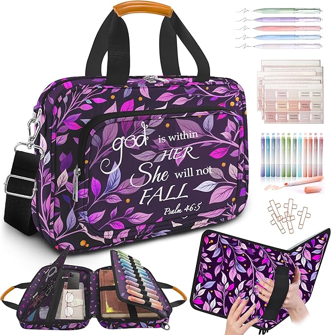 Bible Cover Case for Women,Bible Carrier,Bible Holder,Large Bible Bag for Women Organizer,God is Within Her She Will Not Fall,Bible Study Supplies Kit With Highlighters,Tabs,Pens,Christian Gift Purple