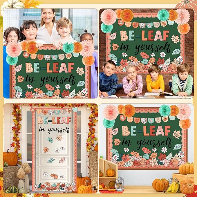 Containlol 77 Pcs Fall Thanksgiving Bulletin Board Decoration Thanksgiving Fall Maple Leaves Bulletin Board Set Be-Leaf in Yourself Boho Classroom Decor with 3D Paper Fans Cutouts for Autumn Decor