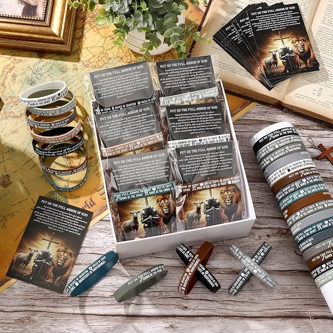 Wavwavw 60 Sets Put on The Full Armor of God Gifts Bulk Christian Pastor Bible Verse Wristband Bracelets Bookmarks Templar Knight Religious Supplies for Sunday School (Multicolor)