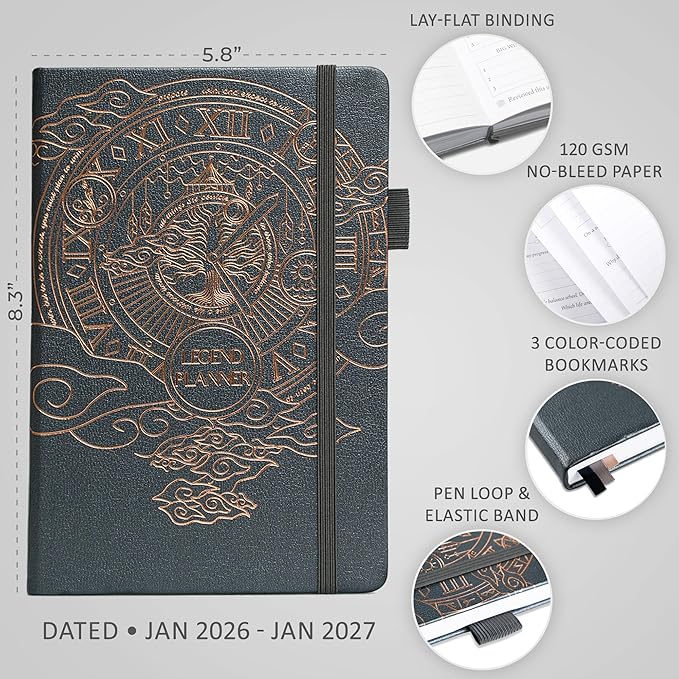 Legend Planner Jan 2026 – Jan 2027 Dated Weekly & Monthly Planner to Hit Your Goals, Increase Productivity & Live Happier. Organizer Notebook & Productivity Journal. A5 Hardcover (Mystic Gray)