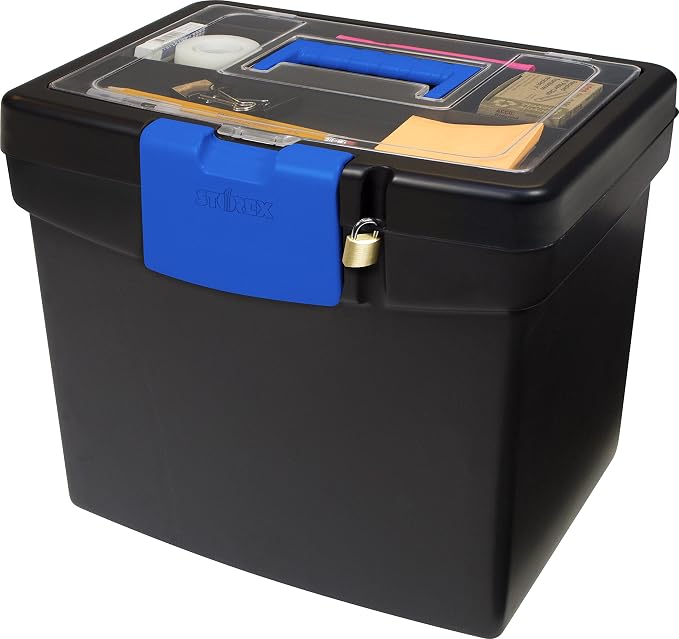 Storex Portable File Box with Organizer Lid – Plastic Office File Storage Box for Letter Paper and Hanging Folders, Black/Blue, 1-Count (61415B03C)