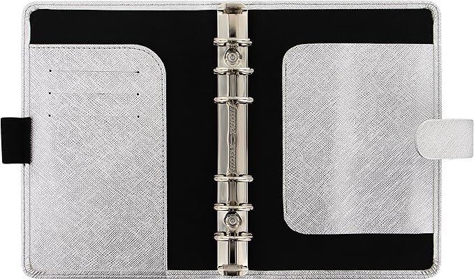 Filofax Saffiano Metallic Organizer, Personal Size, Silver - Cross-Grain, Leather-Look, Bright Metallic Finish, Six Rings, Week-to-View Calendar Diary, Multilingual, 2025 (C028754-25)