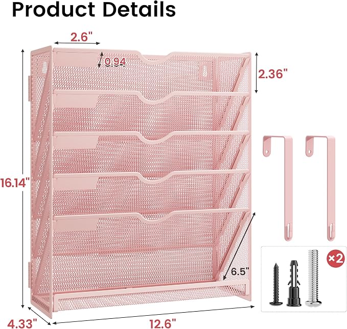 Pink Desk Organizer, Hanging Wall File Organizer with 6 Tiers, Metal Mesh Magazine & Mail Holder for Office Desk, Wall Mount Document Organizer for Home Decor