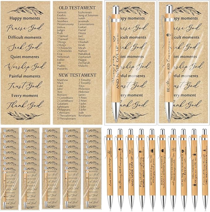 Spakon 100 Sets Fathers Day Gifts for Church Christian Pens Bulk Bible Verse Pen Religious Double Sided Emergency Numbers Bookmark for Men Women Sunday School