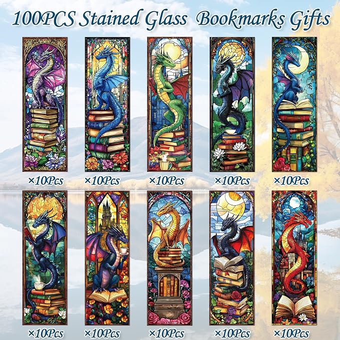 Wxiben Stained Glass Dragon Bookmarks - 100 Pcs Fantastic Bookmark Dragon with Wing Book Marks Cool Animal Book Markers Page Clip GIFS for Men Teens Students Teacher Romantasy Reader Bookish Bookworm