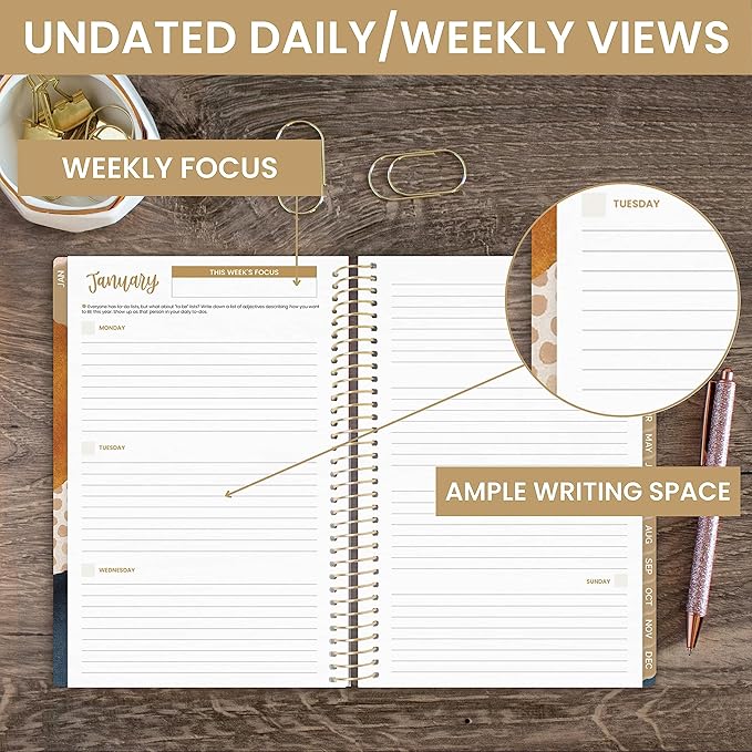 bloom daily planners UNDATED Weekly & Monthly Calendar Planner - Start Anytime (5.5” x 8.25”) - Earthy Abstract, Blue