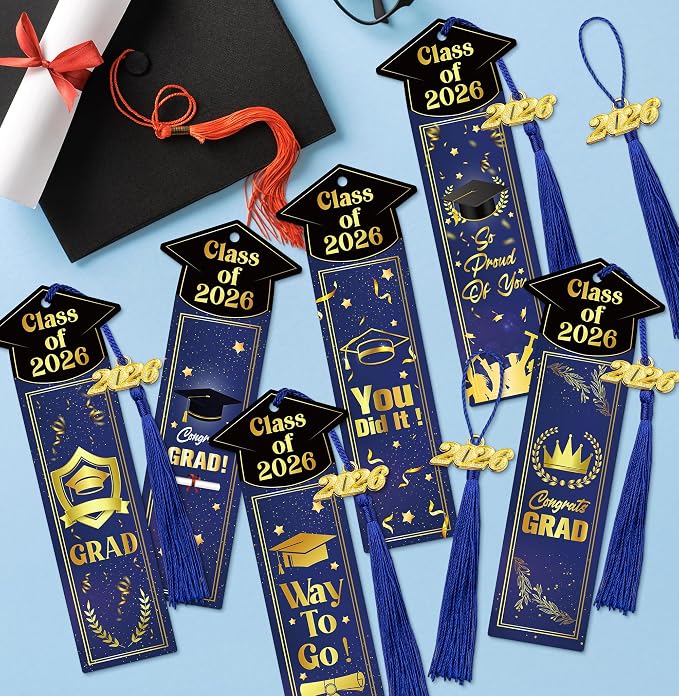 24 Sets 2026 Graduation Gifts Bulk for Students, Congrats Grad Bookmarks with Tassels Blue and Gold Inspirational Senior Party Favors Gift Idea for Him Her High School College University Graduates