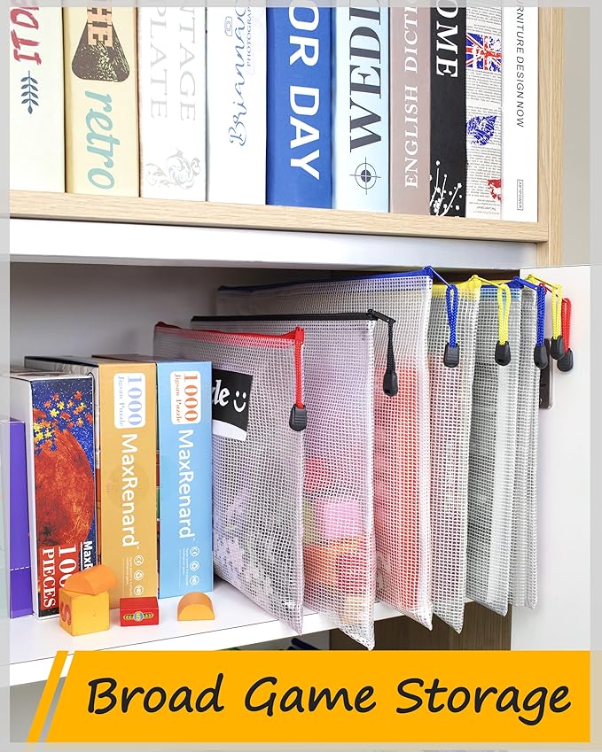SUNEE Plastic Mesh Zipper Pouch 9.2x12.5 in (6 Colors, 12 Packs),Extra Large Water-Resistant Zip Bag for School Office Supplies, Puzzles & Games Organizing Storage