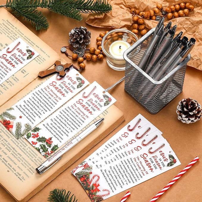 Dispowreath 24 Pcs/12 Sets Jesus is The Reason for The Season Gift, Include 12 Xmas Candy Cane Bookmark 12 Bible Verse Ballpoint Pen for Christmas Church Prizes Party Favors