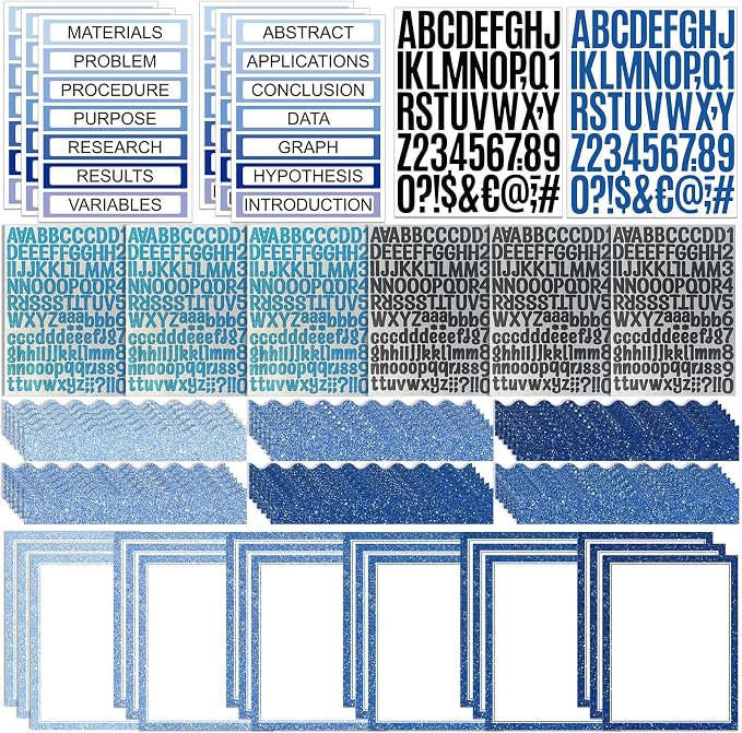 Sinload 92 Pcs Science Fair Board Supplies 60 Trim Scalloped Poster Boards 18 Presentation Subtitles 6 Project Titles 8 Letter Sticker for Classroom Display Boards(Glitter Blue,Wave)