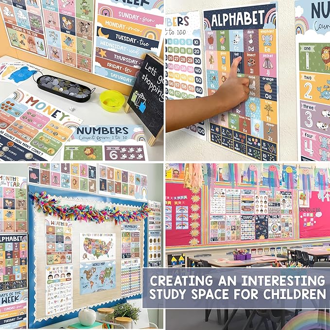 KINGPRINT 16 Laminated Educational Posters For Toddlers (11"x17"), Boho Posters For Classroom, Homeschool Must Haves For Kids, Prek Learning, Preschool Classroom Supplies, Kindergarten Decor