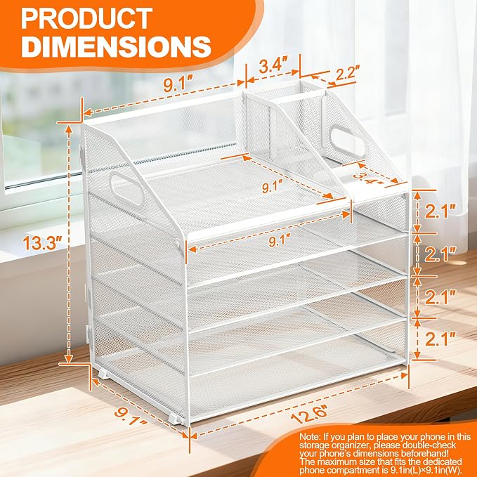 DocNest 5 Tier Metal Mesh Letter Tray - Space Saving Desk File Organizer with Handle, Pen Holder & Folder Holder - Desktop Document Sorter for Office, Home, School, Classroom - White
