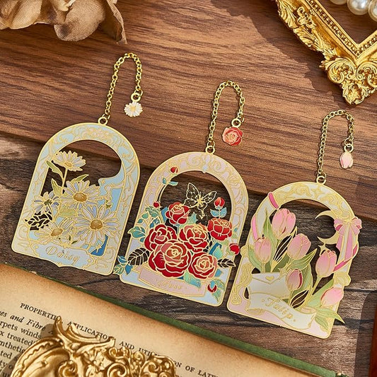 3 PCS Floral Metal Bookmark, Hand-Drawn Pretty Book Marks for Reading Women, Rose, Tulip, Daisy Book Lovers Gifts,