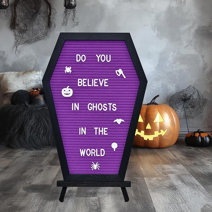 Coffin Letter Board - 520 Characters Spooky Halloween Characters with Wooden Stand and Canvas Bag - 16x11 Inches - Felt Message Board for Home Office Halloween Supplies & Decor (Purple)