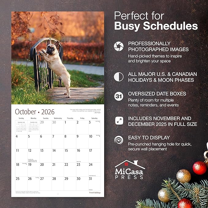 MICASA PRESS French Bulldogs 2026 Wall Calendar 12 Month | 12" x 24" Open | Thick & Sturdy Paper | Giftable | Cute Frenchie Puppy Dog Calendar 2026