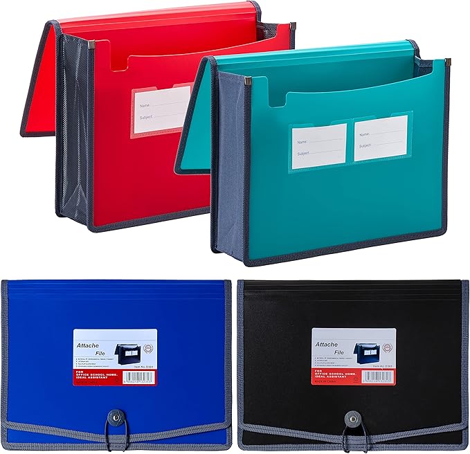 FANWU 4 Pack Plastic Expanding File Wallet Document Organizer with Elastic Cord & Button Closure, Letter Size, 3.5" Expansion, Poly A4 Expandable File Folder for School Office & Home Organization