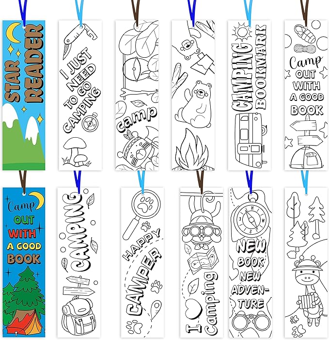 ANGOLIO 75Pcs DIY Coloring Bookmarks - Summer Camping Theme Blank Bookmarks for Kids Students, School Classroom Home DIY Art Crafts Summer Birthday Party Favors, Reading Rewards, Goodie Bag Fillers