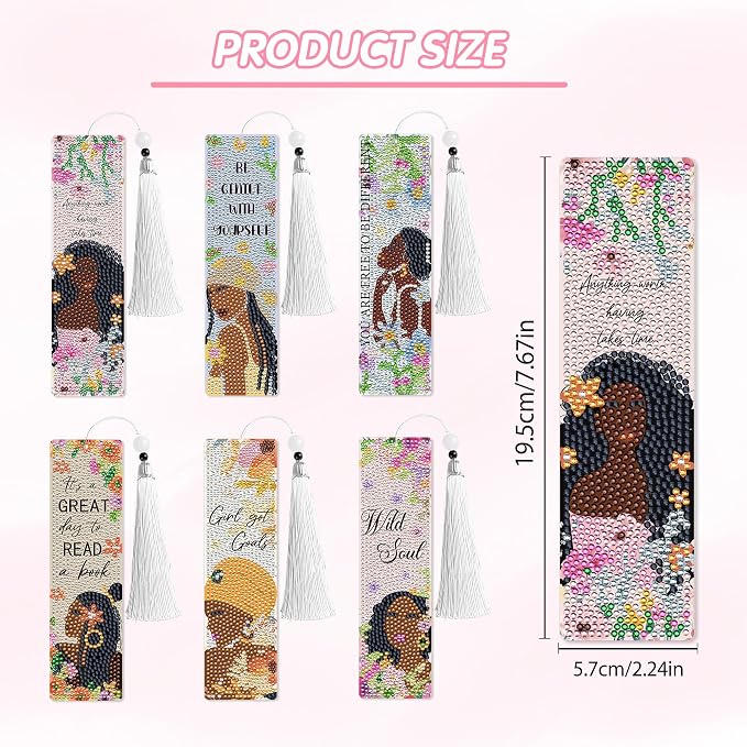 Diamond Art Bookmarks for Women, 6 Pcs Black Girl Book Club Diamond Painting Bookmark Kit with Tassels, DIY Book Marks Making Kits for Reading, Small Craft Gifts for Adults Begginers Readers
