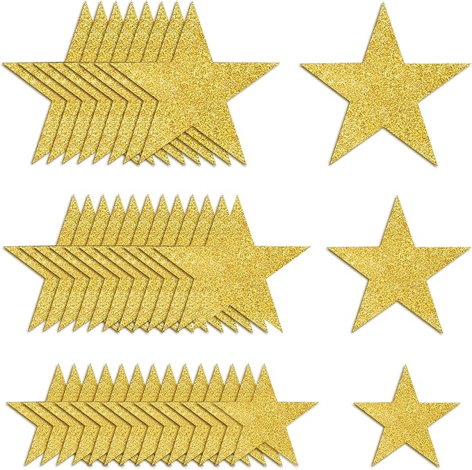 120 PCS Glitter Gold Five Star Cutouts Paper Star Cutouts Gold Star Cutouts for Bulletin Board Stars Classroom Wall Party Decoration Supply 3 Sizes 3.1inch 4.7inch 6.2inch