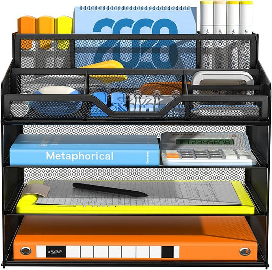 Docnest 4 Tier Mesh Desk Organizer, Multi-Functional Paper Letter Tray with 5 Adjustable Compartments & 3 Pen Holders - Space-Saving Desktop Storage for Office Files, Mail, Stationery - Black