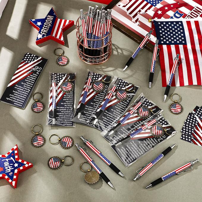 Sayglossy 24 Sets 4th of July Gifts Bulk American Patriotic Flag Ballpoint Pens Inspirational Keychains and Bookmarks for 250th Anniversary Independence Day Party Supplies