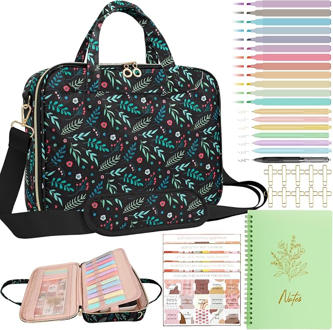 PUGPIU Bible Cover Case for Women, Large Quilted Bible Bag with Shoulder Strap and Handle, Bible Study Supplies Journaling Kit with Highlighters Pens No Bleed Tabs Notebook Cross Clips (Leaf)