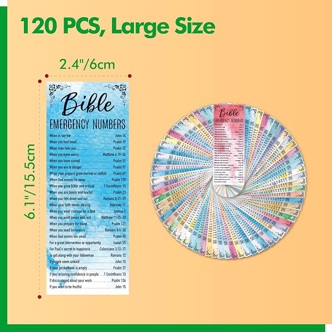 120 PCS Bible Emergency Numbers Bookmarks, 30 Designs Christian Book Markers, Double Sided Printing Bible Verse Bookmarks, Religious Gift for Women, Men, Church Supplies, Book Lovers (2.4” x 6.1”)