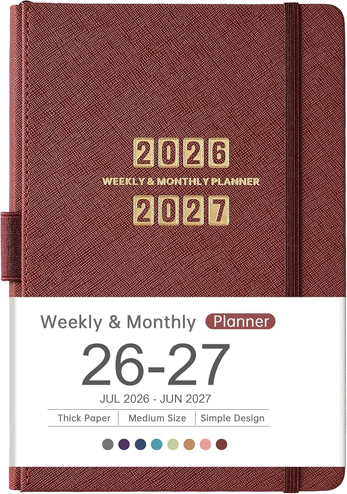 Planner 2026-2027 - Jul. 2026 - Jun. 2027, Academic Planner 2026-2027, Leather Planners Weekly and Monthly, 6.3" x 8.4", Hardcover with Back Pocket + Thick Paper + Twin-Wire Binding - Wine Red