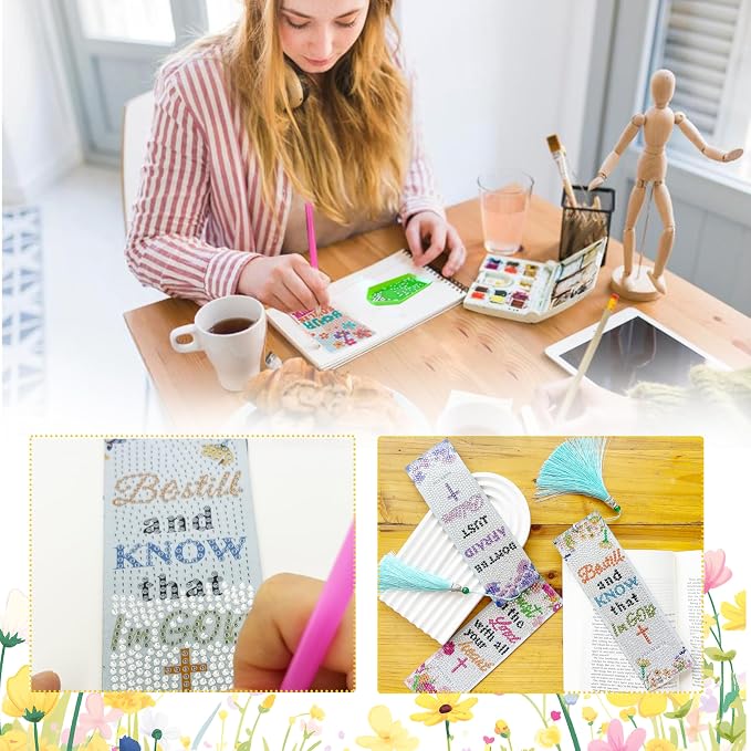 12Pcs Christian Bible Verse Diamond Art Bookmark for Adults Flower Cross 5d Diamond Painting Bookmarks with Tassel for DIY Making Kit for Reading Lover Book Lover DIY Crafts Religious Gift