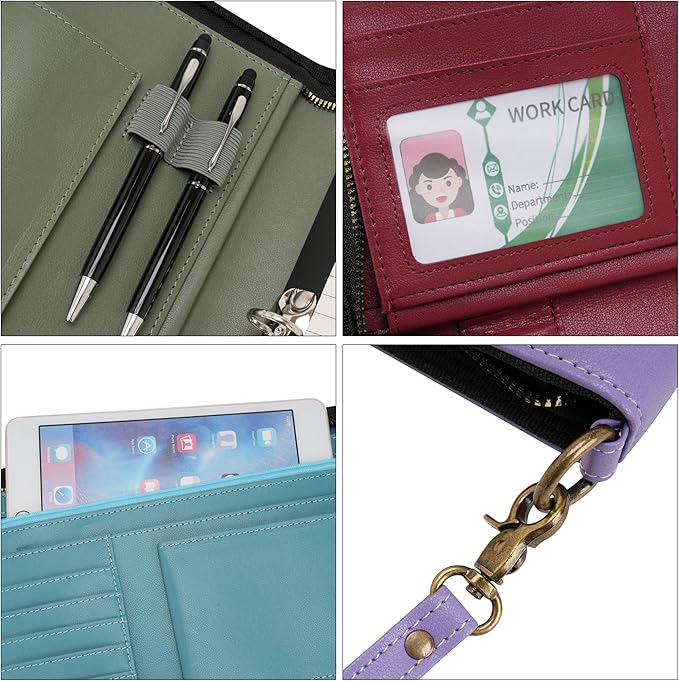 Wason A4 Portfolio with Zipper - Leather PU Padfolio with Detachable Ring Binder and Writing Notepad Holder, Conference File Multi-Pockets Organizer for Office Travel School (Green)