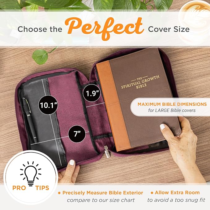 Christian Art Gifts Value Poly-Canvas Bible Cover Case for Women: Grace Upon Grace - John 1:16 Inspirational Scripture w/White Rubber Badge, Pocket, Pen Loops to Organize Accessories, Plum, Large