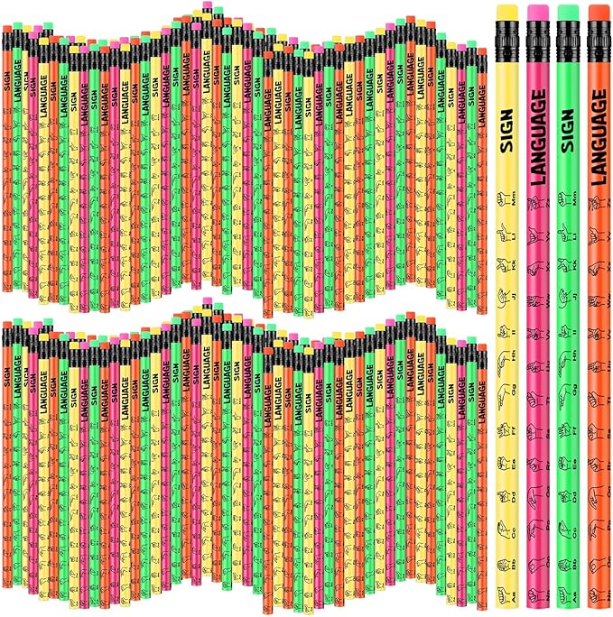 Affrolling 144 Pcs Sign Language Pencils Sign Language Gifts Colorful Wooden Pencil with Eraser Incentive Pencil for Learning Sign Language, 4 Colors