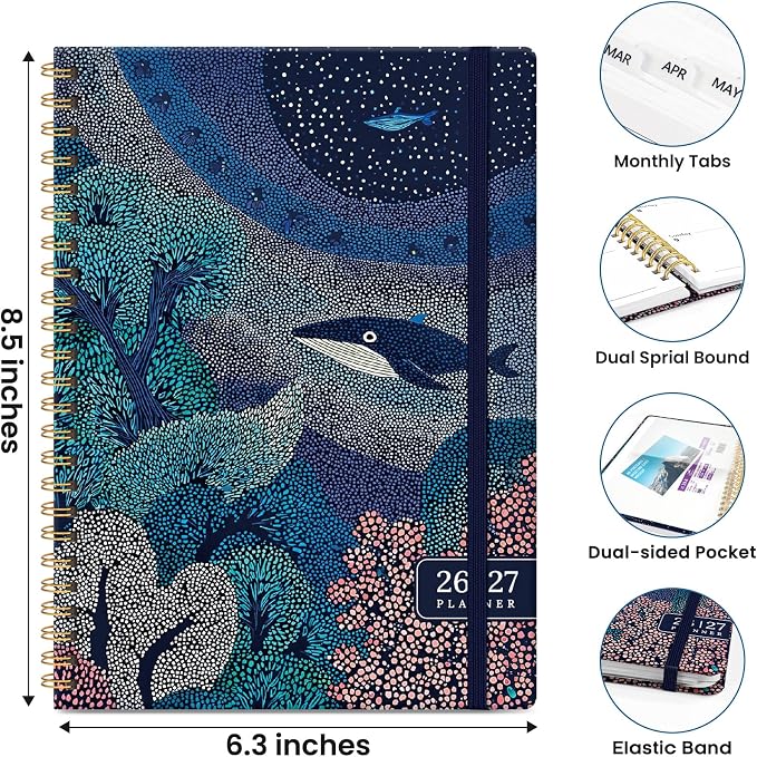 Planner 2026–2027, Academic Planner Weekly and Monthly Calendar Jul 2026 – Jun 2027 Hardcover Planner with Tabs and Pocket, Spiral Bound Agenda Book for Student & Teacher, 6.3" x 8.5", Ocean Murmur
