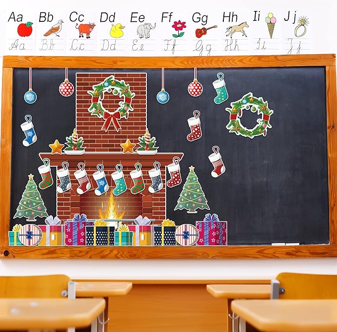 4Ft Christmas Fireplace Bulletin Board Set Christmas Bulletin Board Decoration Christmas Gifts Fireplace Wreath Stockings Cutouts for Classroom Home Chalkboard Wall Decoration, 52Pcs